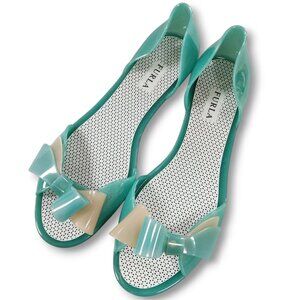 FURLA Plastic Jelly Ballet Flats Peep Toe With Bow Accent Blue Green Taupe 38